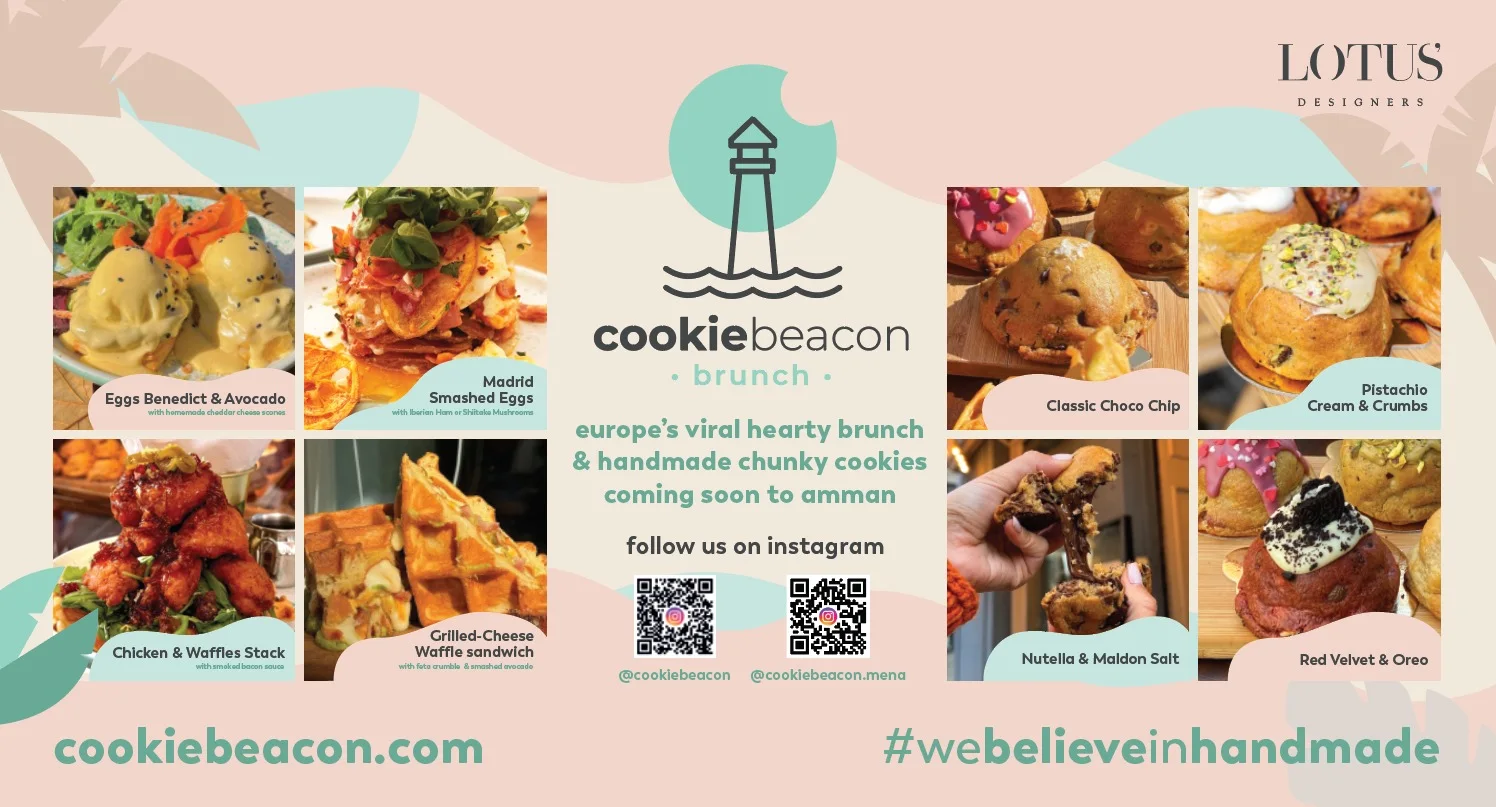 Cookie Beacon Brunch coming soon to Amman announcement: hearty brunch and handmade chunky cookies from Europe, with four brunch dishes, four cookies and the @cookiebeacon.mena Instagram