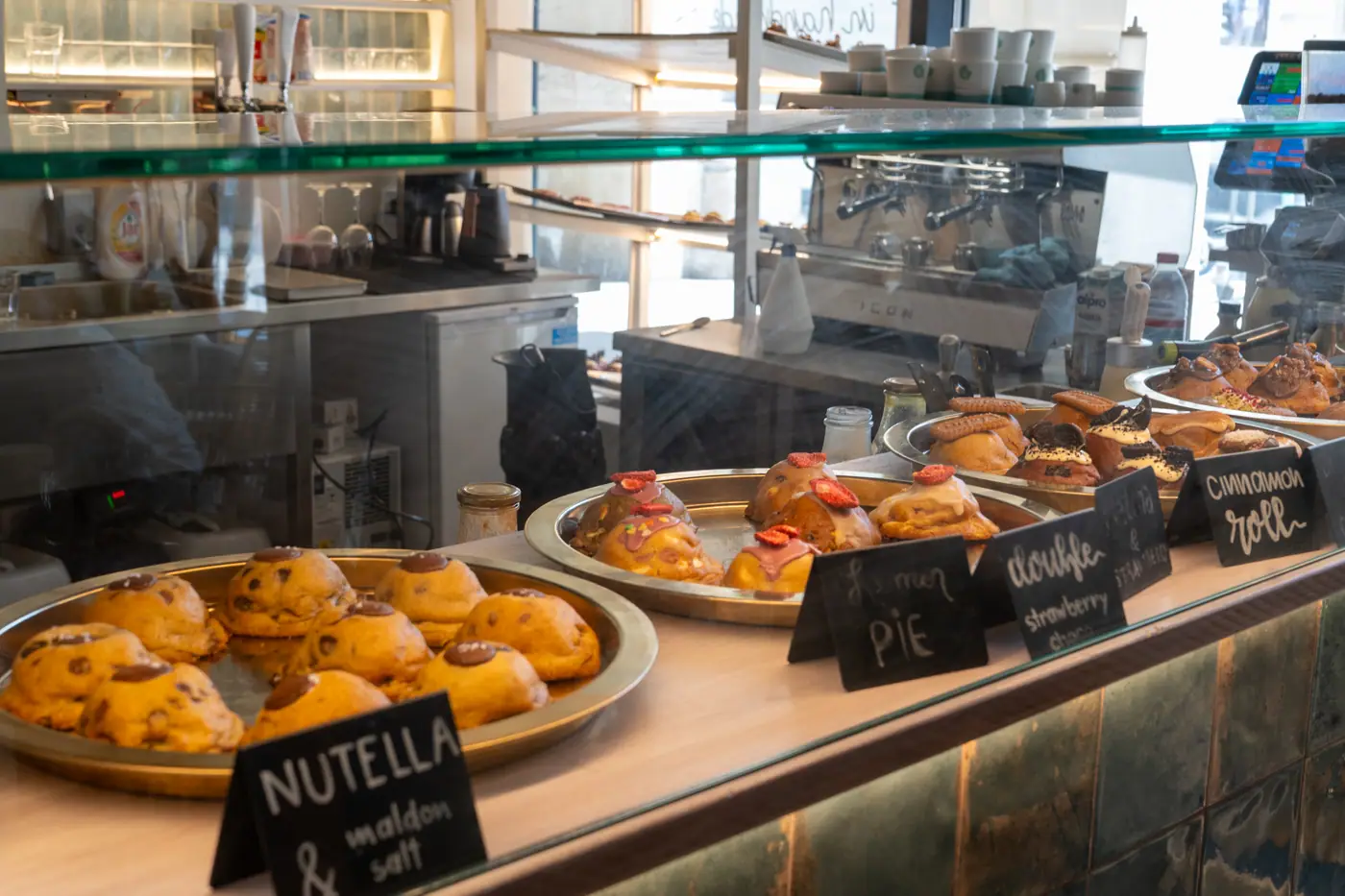 Cookie counter with handwritten chalk labels at Cookie Beacon Ferenciek tere