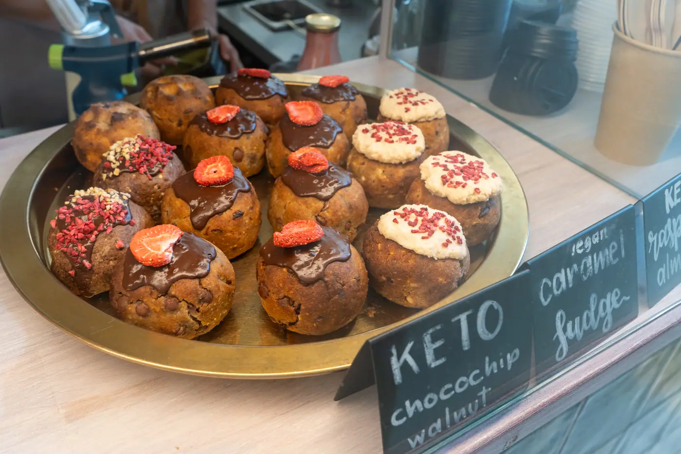 Tray of keto chocolate-chip walnut cookies at Cookie Beacon Ferenciek tere