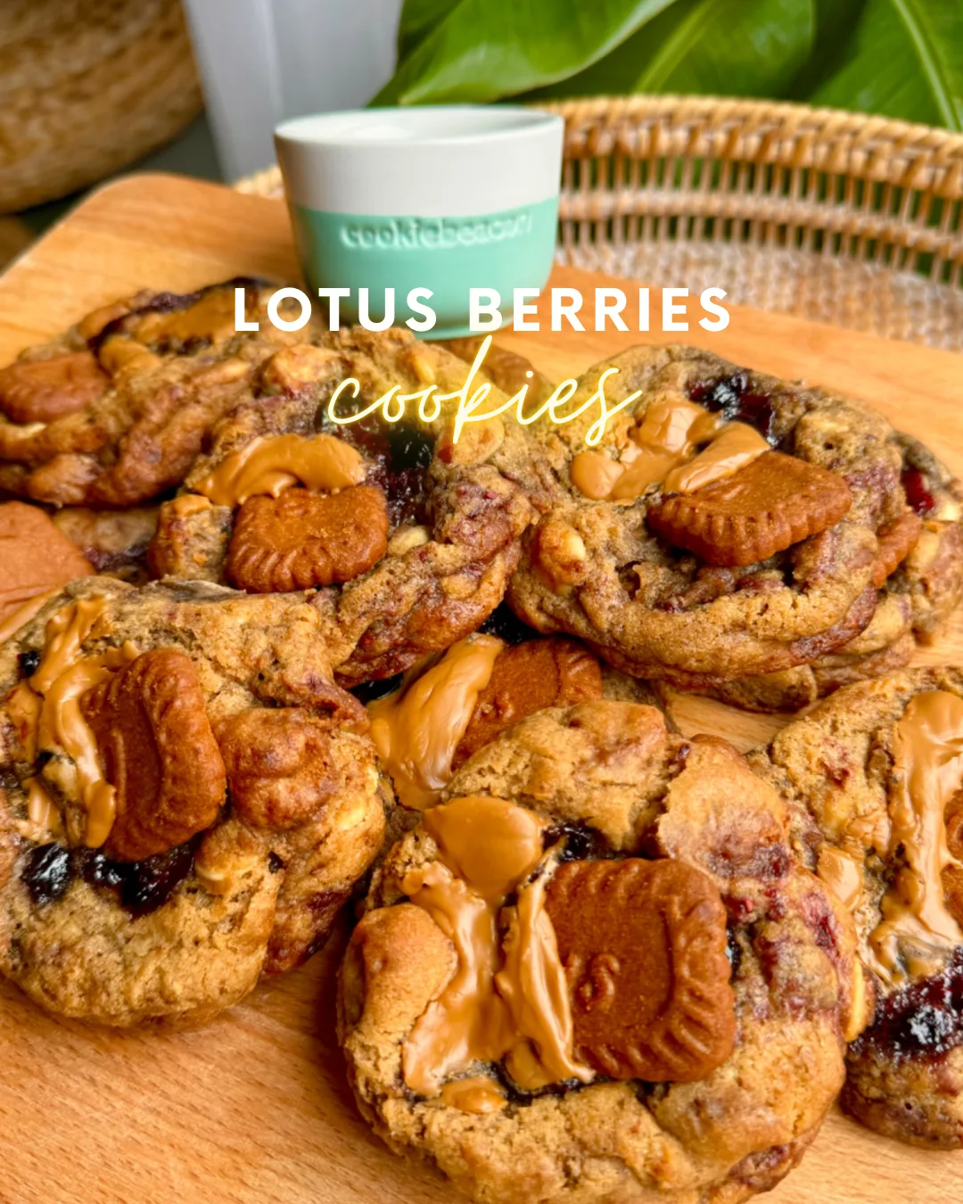 Lotus Biscoff berry cookies topped with Biscoff spread, cookie chunks and berry jam